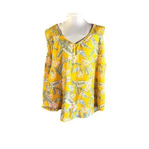 Yellow Floral Sleeveless Top With Smocked Shoulders & V-Neckline Womens L